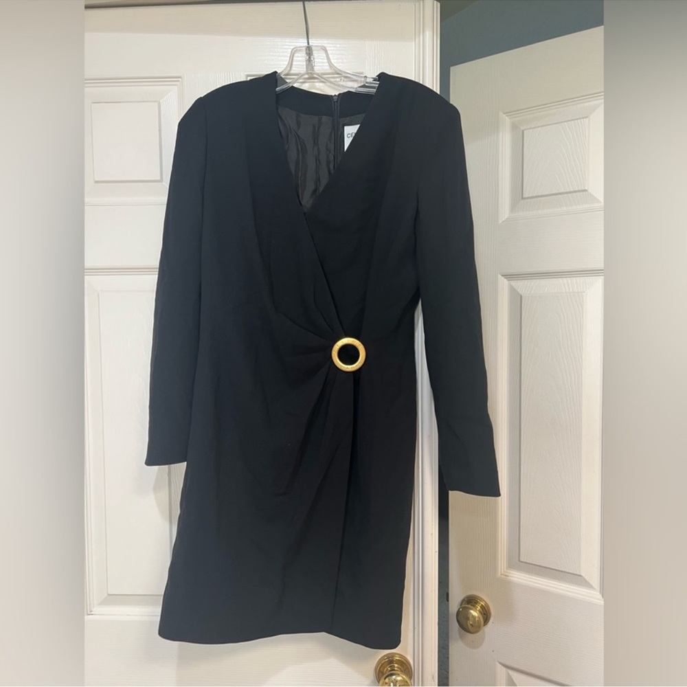 Rare VNTG Celine Black wool Blazer‎ Faux Wrap Dress L Statement Celine logo 38 - Picture 2 of 12